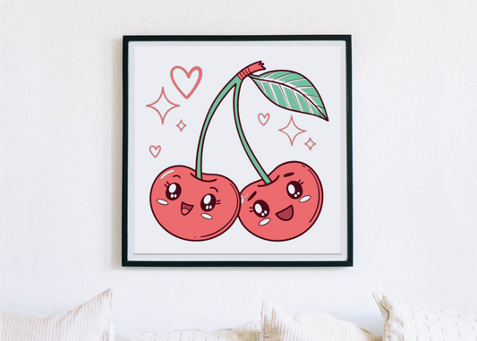 Cadre décoratif avec cerises kawaii joyeuses, style fruité et amusant