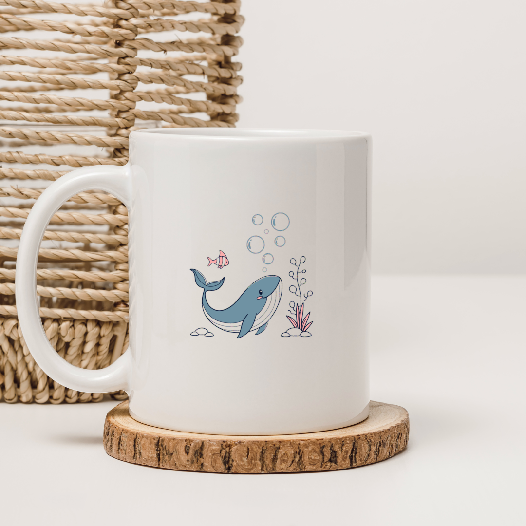 Mug avec baleine joyeuse en style vectoriel marin