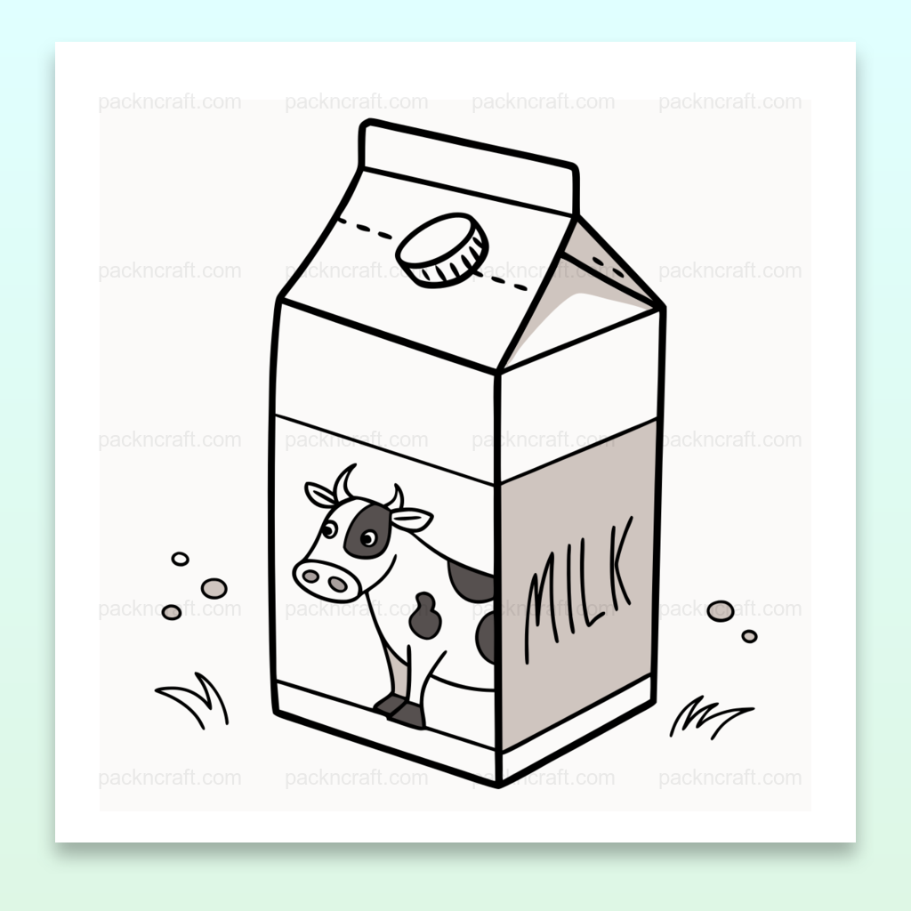 Illustration minimaliste de boîte à lait avec vache, idéale pour papeterie et projets DIY.