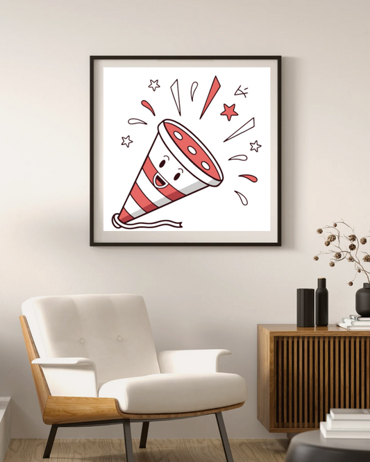 Cadre festif avec corne de fête kawaii, parfaite pour la décoration.