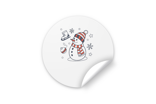 Sticker festif avec un bonhomme de neige joyeux sur fond hivernal