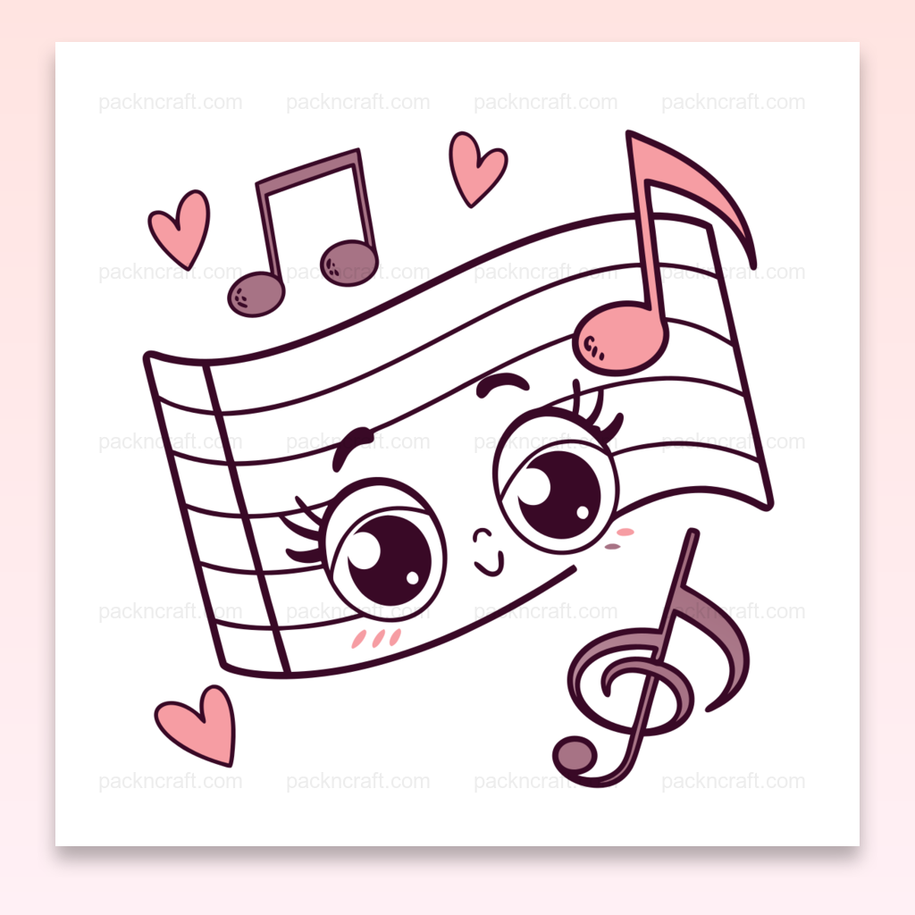 Illustration kawaii d'une partition joyeuse, parfaite pour la décoration musicale et les projets DIY.