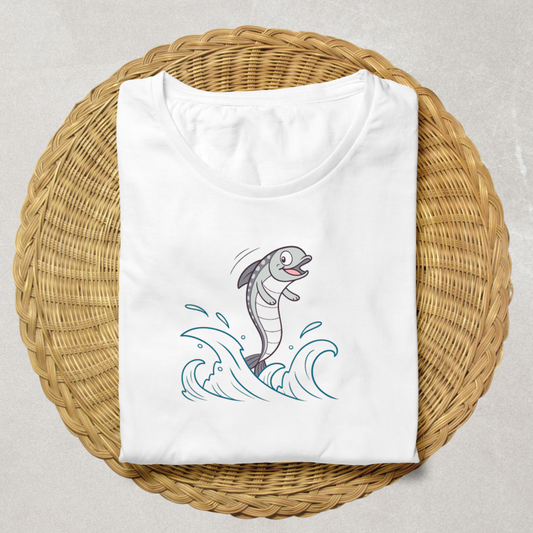 T-shirt artistique avec dauphin espiègle sur vague océanique amusante