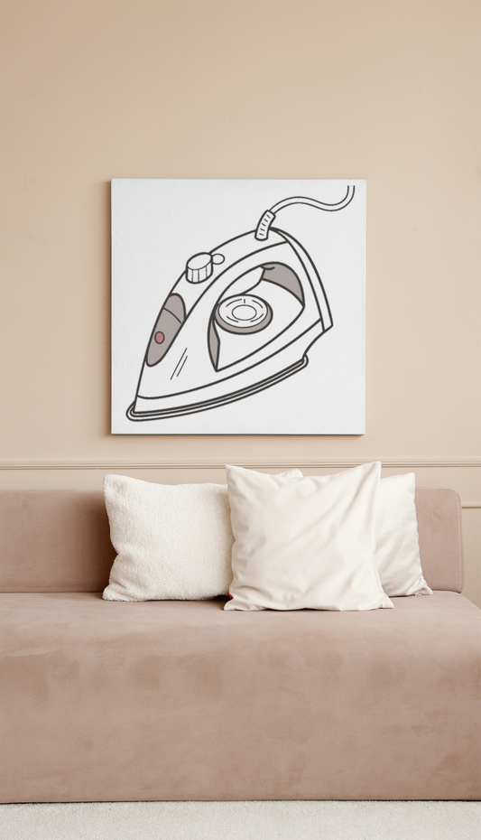 Cadre design avec fer à repasser graphique minimaliste idéal pour intérieur moderne