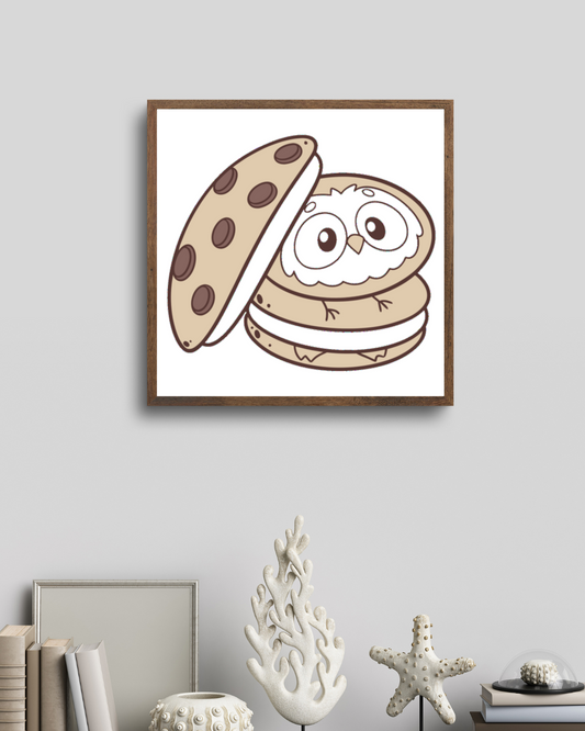 Cadre chic minimaliste avec icône gourmande de chouette et cookie