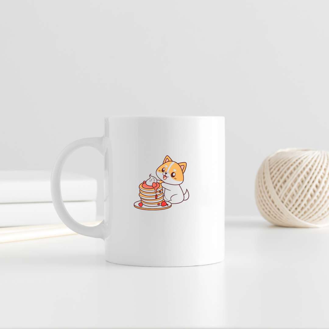 Mug avec chien joyeux style kawaii entouré de crêpes délicieusement gourmande