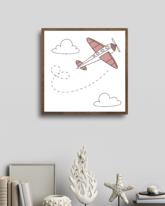 Cadre avec avion rétro volant dans des tons pastel ambiance aventure aérienne