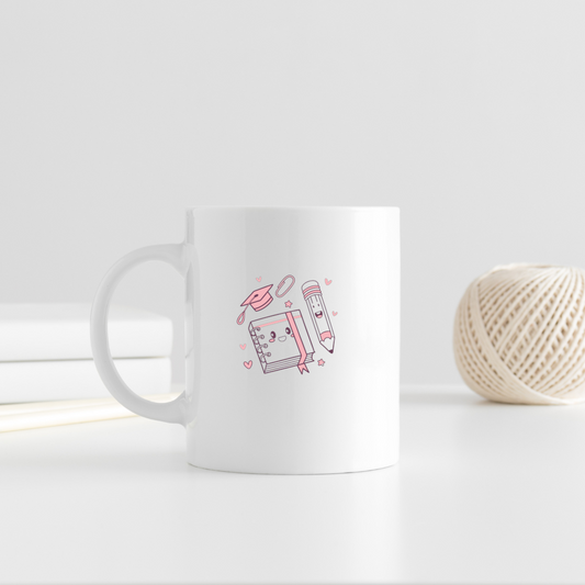 Mug kawaii avec bloc-notes joyeux et crayon festif pour une ambiance écolièrefun