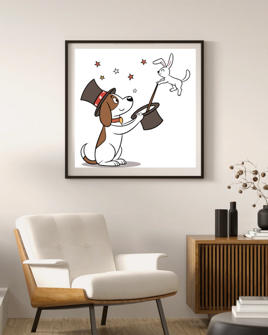 Cadre avec chien magicien et lapin, décor magique pour amantes d'art animalier
