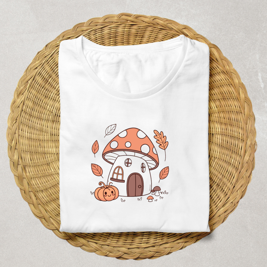 T-shirt automnal avec illustration numérique d'une maison-champignon féerique