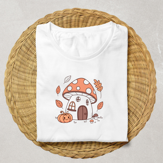 T-shirt automnal avec illustration numérique d'une maison-champignon féerique