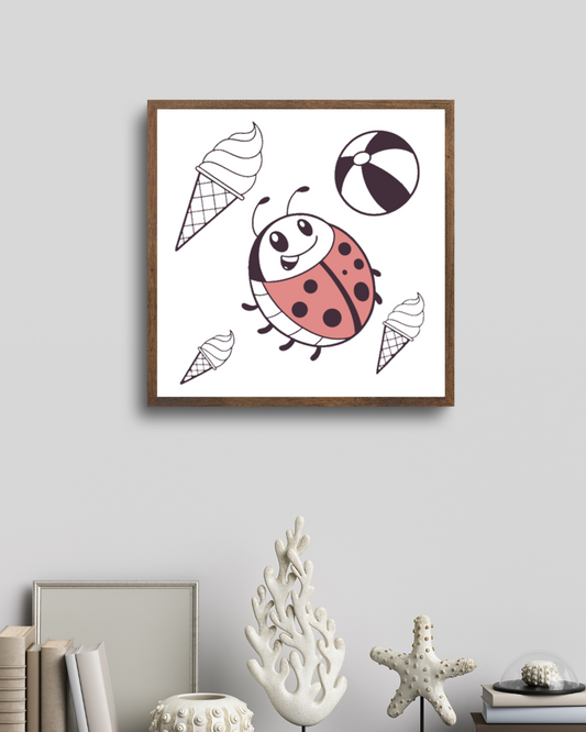 Cadre estival coloré avec coccinelle joyeuse, parfait pour égayer un mur