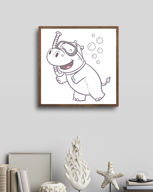 Cadre décoratif avec un hippopotame plongeur souriant dans des tons pastel
