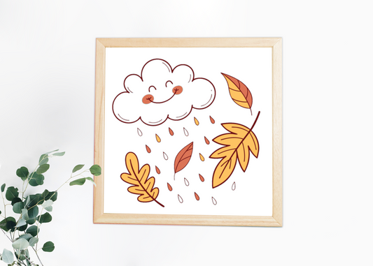 Cadre décoratif avec un nuage souriant et pluie d'automne sur fond automnal