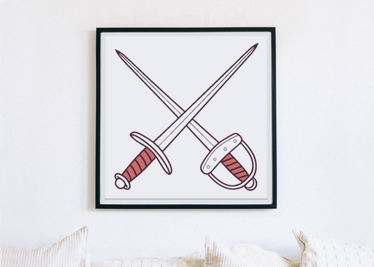 Cadre avec icône d'épées croisées style doodle, ambiance aventure captivante