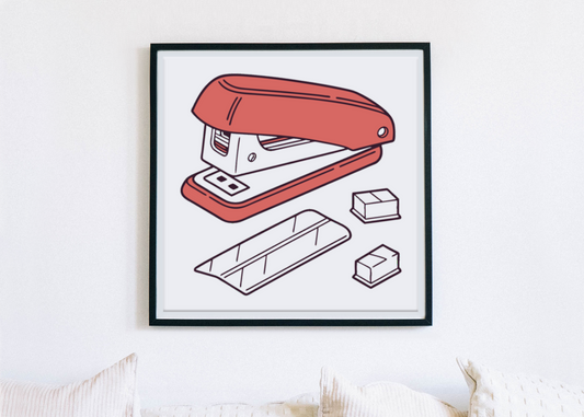 Support cadre décoratif montrant une agrafeuse minimaliste sur fond créatif