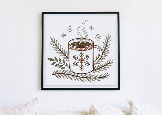 Cadre avec une illustration numérique de tasse de chocolat chaud ambiance hivernale