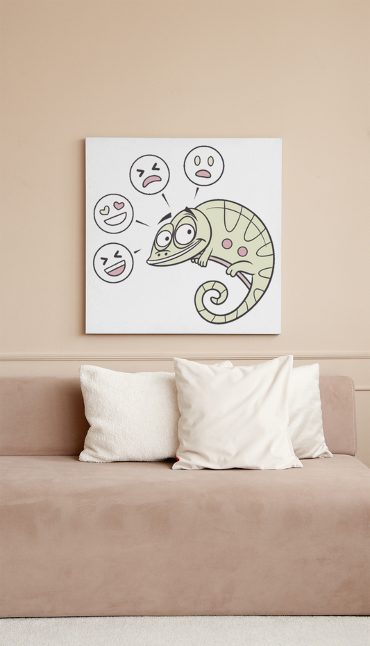 Cadre humoristique coloré avec caméléon expressif en dessin animé