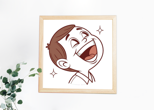 Cadre stylisé cartoon enfant riant entouré d'étoiles exprimant une joie intemporelle