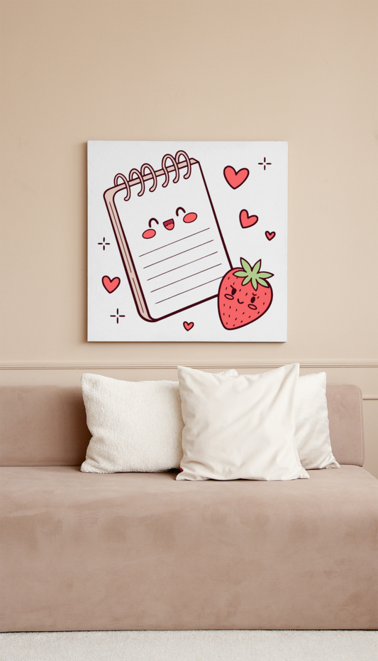 Cadre joyeux avec carnet souriant fraise colorée style artistique vibrant