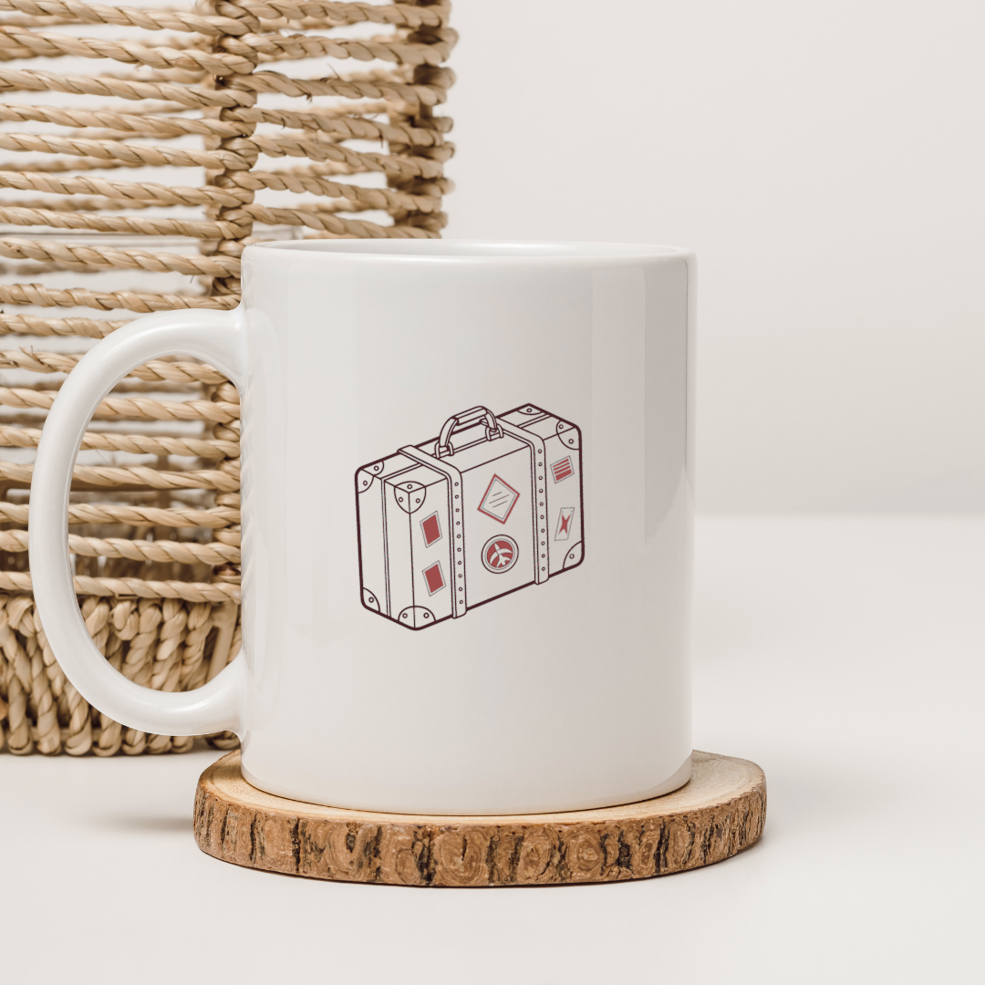 Mug au design vintage avec valise aventure prête pour le voyage