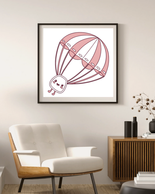 Cadre minimaliste avec mascotte volante enthousiaste sur fond d'aventure aérienne