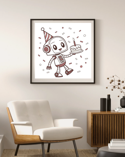 Cadre festif avec robot kawaii, parfait pour des projets de célébration.