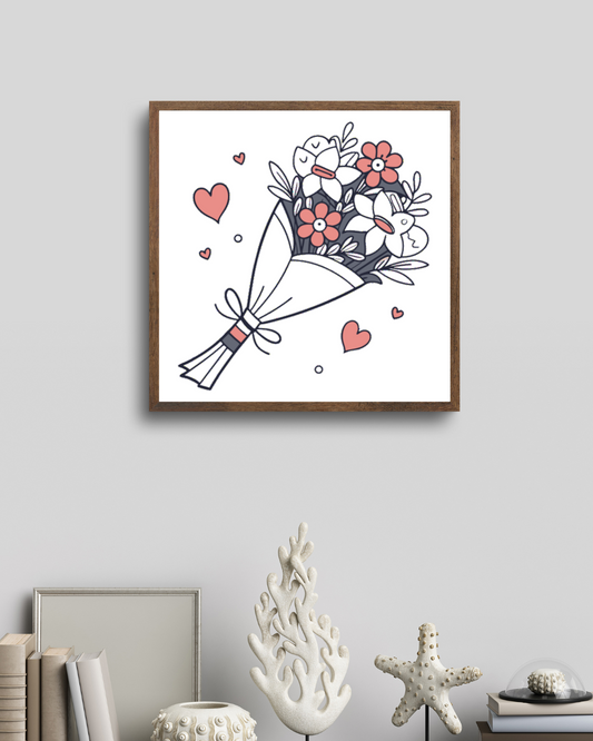 Cadre élégamment orné par un bouquet de mariage romantique pour décoration murale