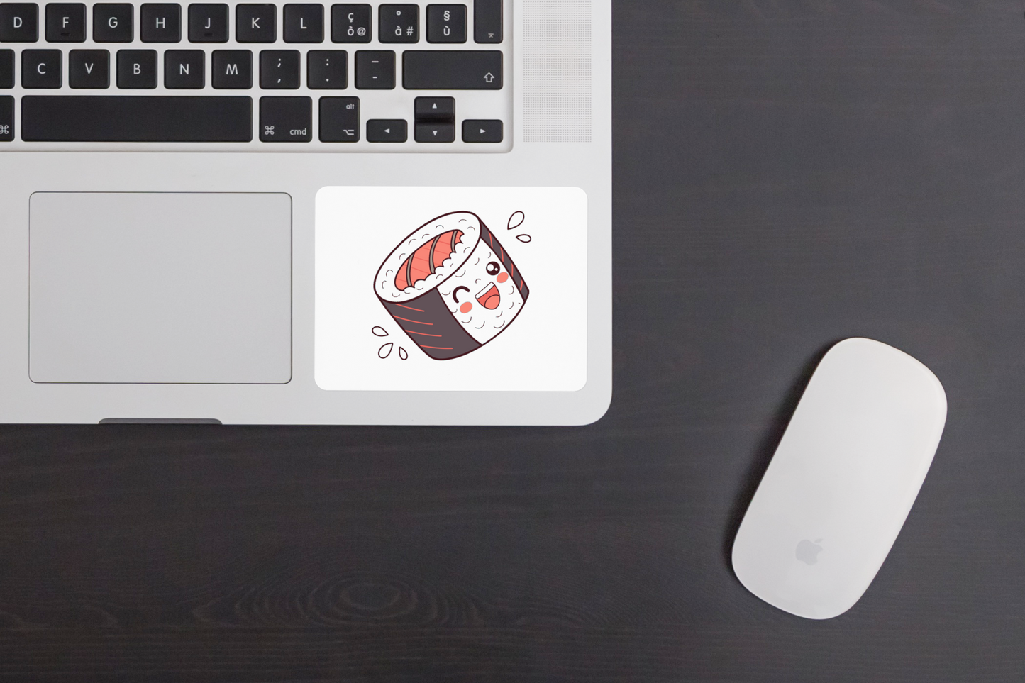 Sticker sur fond blanc orné d'un makizushi style kawaii joyeux et gourmand