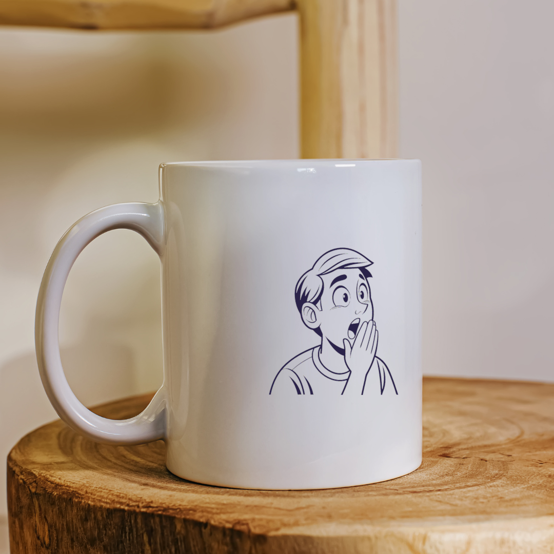 Mug avec ligne épurée d'un garçon étonné, captivant et moderne pour vos pauses café