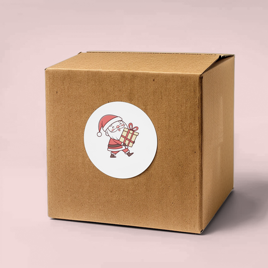 Sticker festif avec Père Noël joyeux offrant un cadeau, idéal pour les décorations