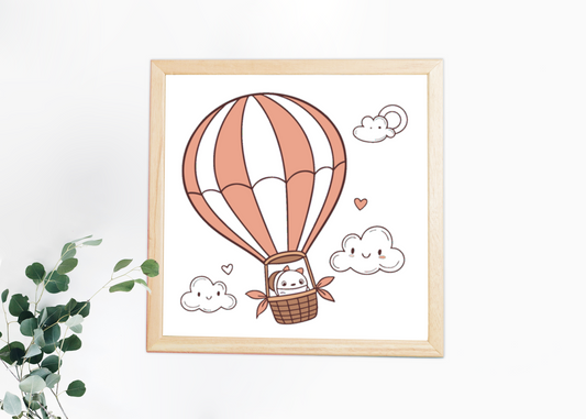 Cadre décoratif avec chaton volant en montgolfière dans un design pastel scénique