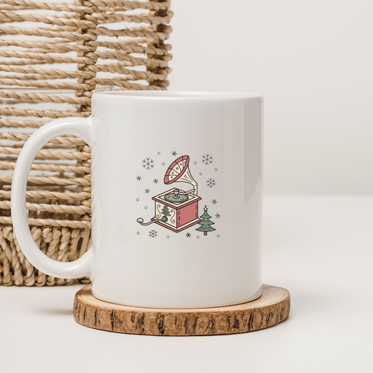 Mug festif avec un phonographe kawaii dans un style hivernal attrayant