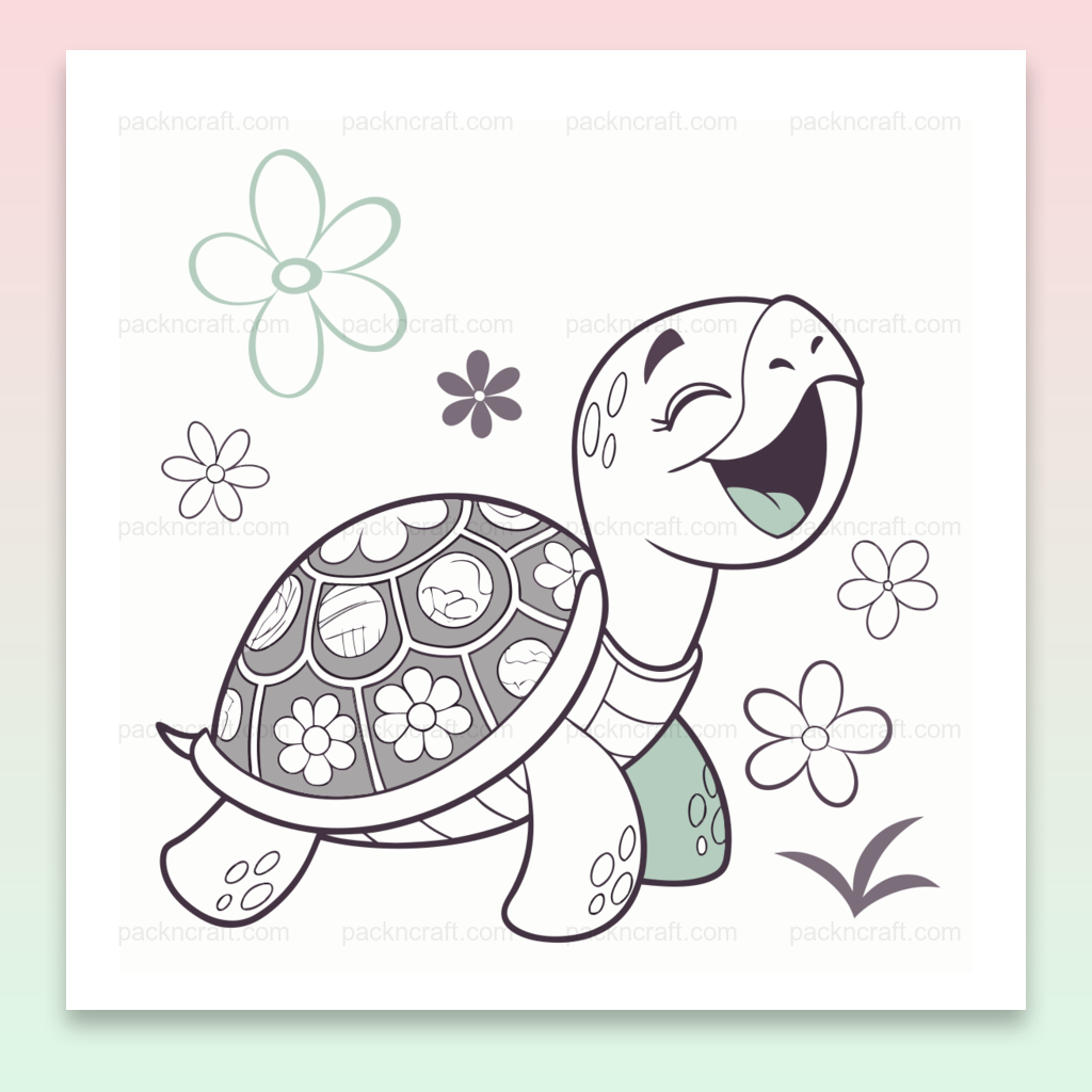 Illustration de tortue joyeuse avec fleurs, parfaite pour DIY et déco.