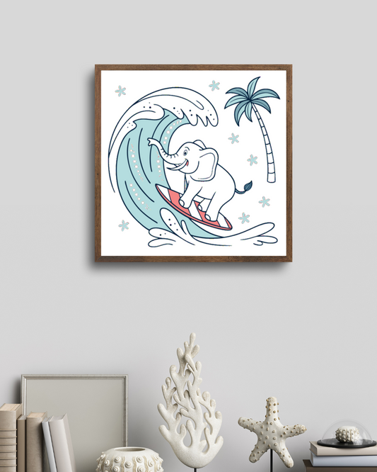 Cadre représentant un éléphant joyeux surfeur en thème tropical, ambiance dynamique