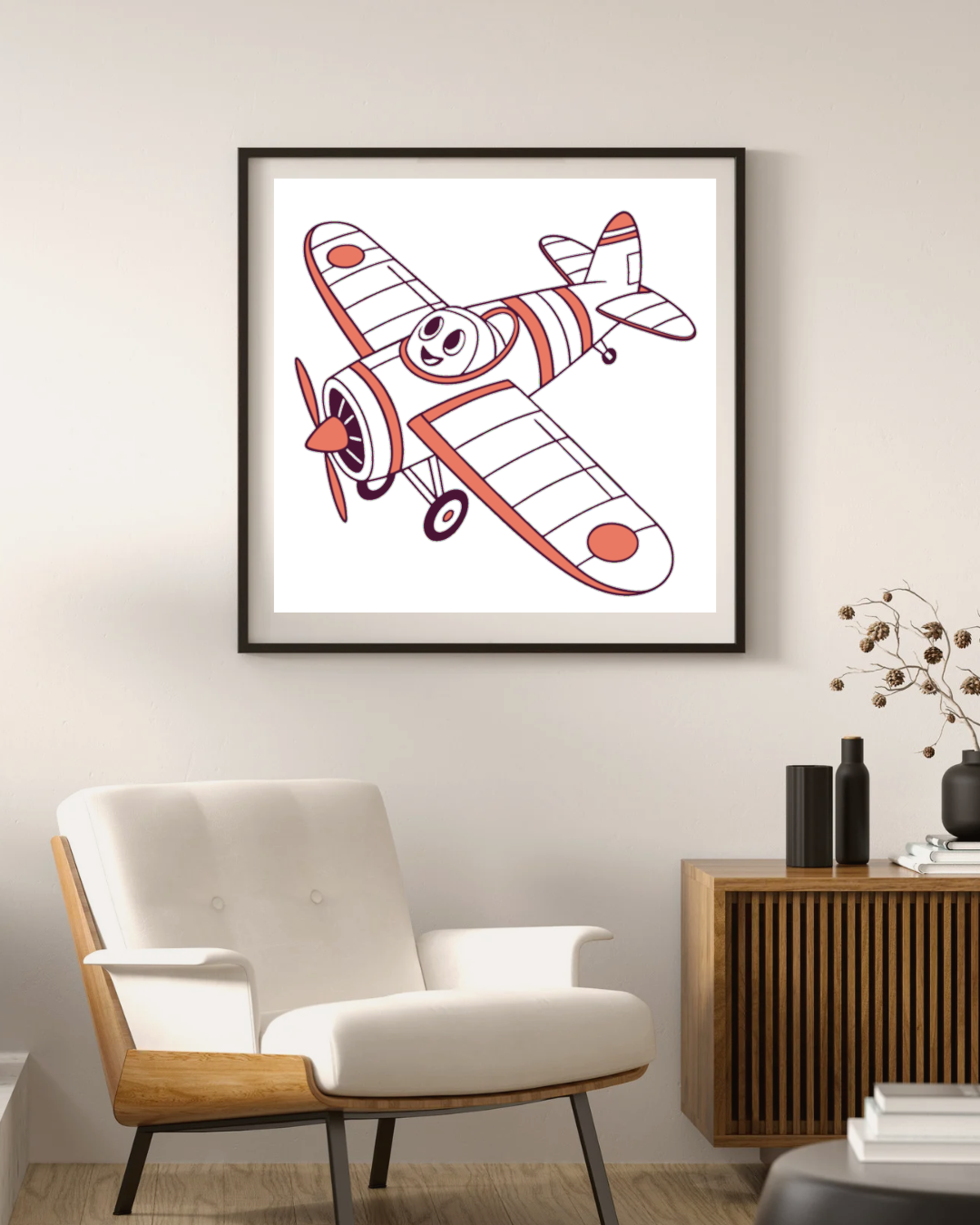 Cadre avec avion cartoon souriant en vol style aventure amusante et céleste