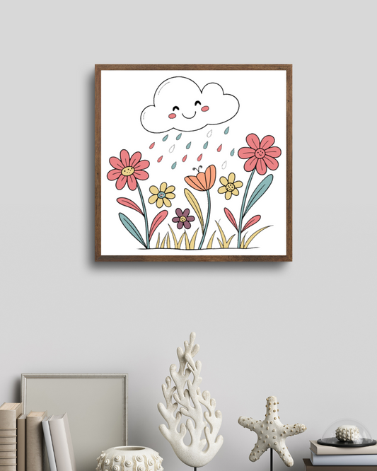 Cadre décoratif avec nuage souriant arrosant des fleurs dans des tons pastel