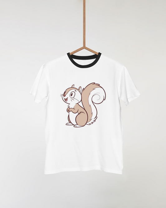 T-shirt graphique avec motif d'écureuil curieux dans une ambiance forestière amusante