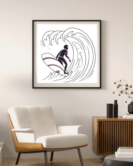 Cadre élégant avec surfeur en style vectoriel sur une majestueuse vague océanique