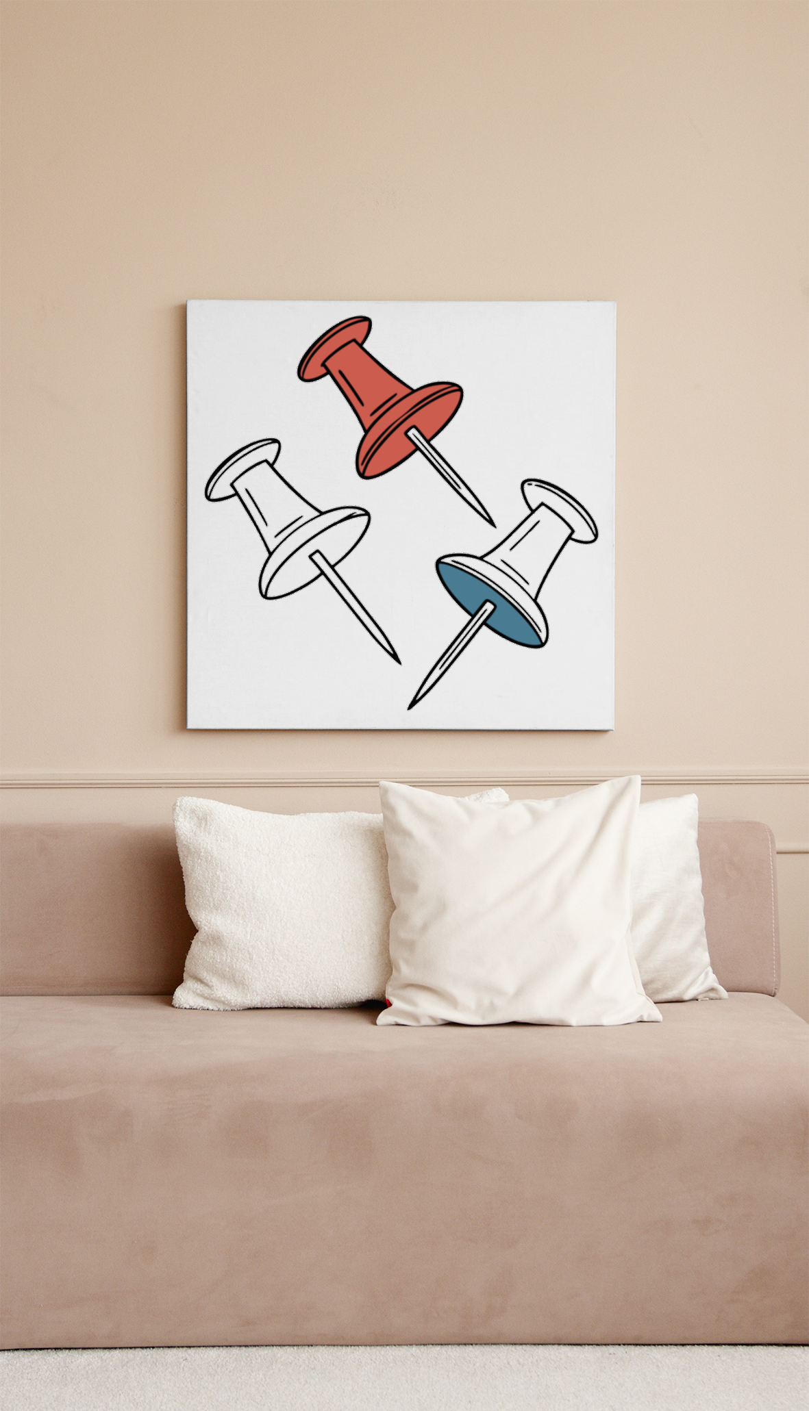 Cadre avec épingles colorées en rotation sur fond vif pour bureau créatif