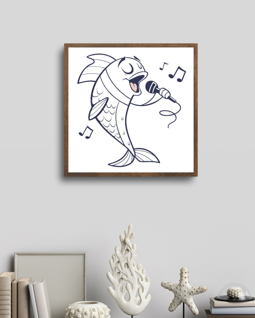 Cadre marin avec poisson chanteur stylisé en doodle