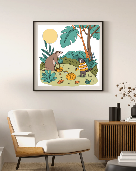 Cadre décoratif automnal avec ours et loutre, ambiance festive et chaleureuse