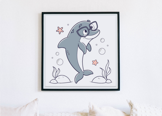 Cadre avec dauphin malin en lunettes au style aventure marine doodle lumineux