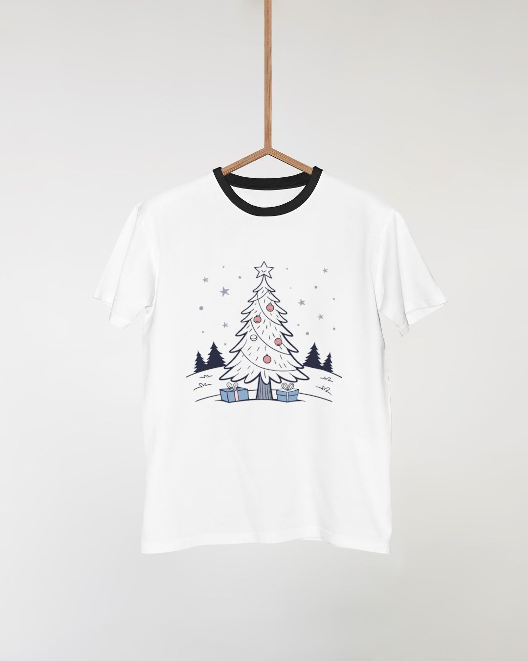 T-shirt arborant un dessin minimaliste de sapin de Noël au style festif et hivernal