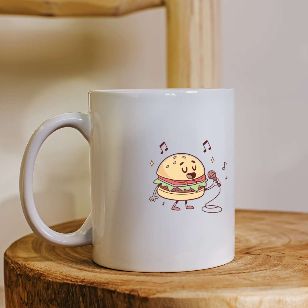 Mug stylé avec un décor gourmand illustrant un joyeux burger chanteur