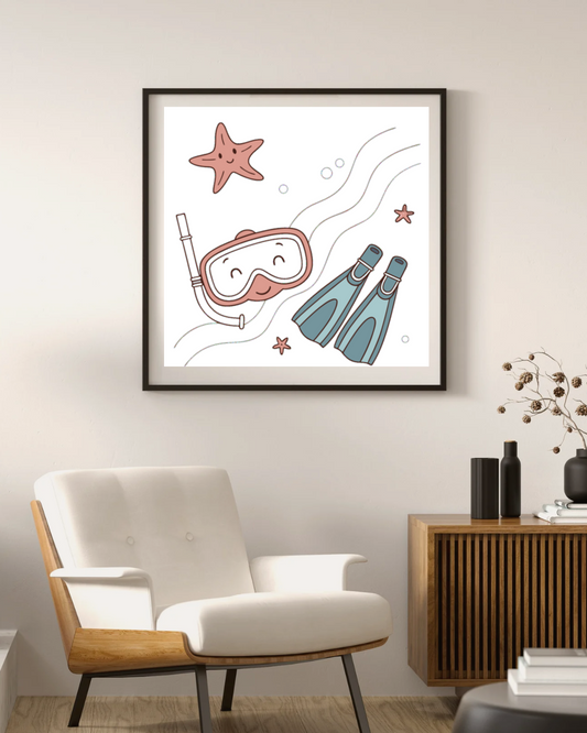 Cadre décoratif pastel avec plongeur joyeux et étoile, style aventure marine