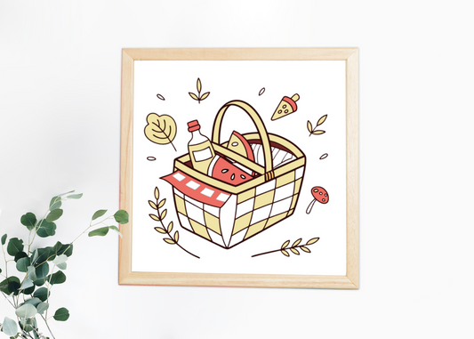 Cadre avec motif estival de panier pique-nique décontracté en style dessin numérique