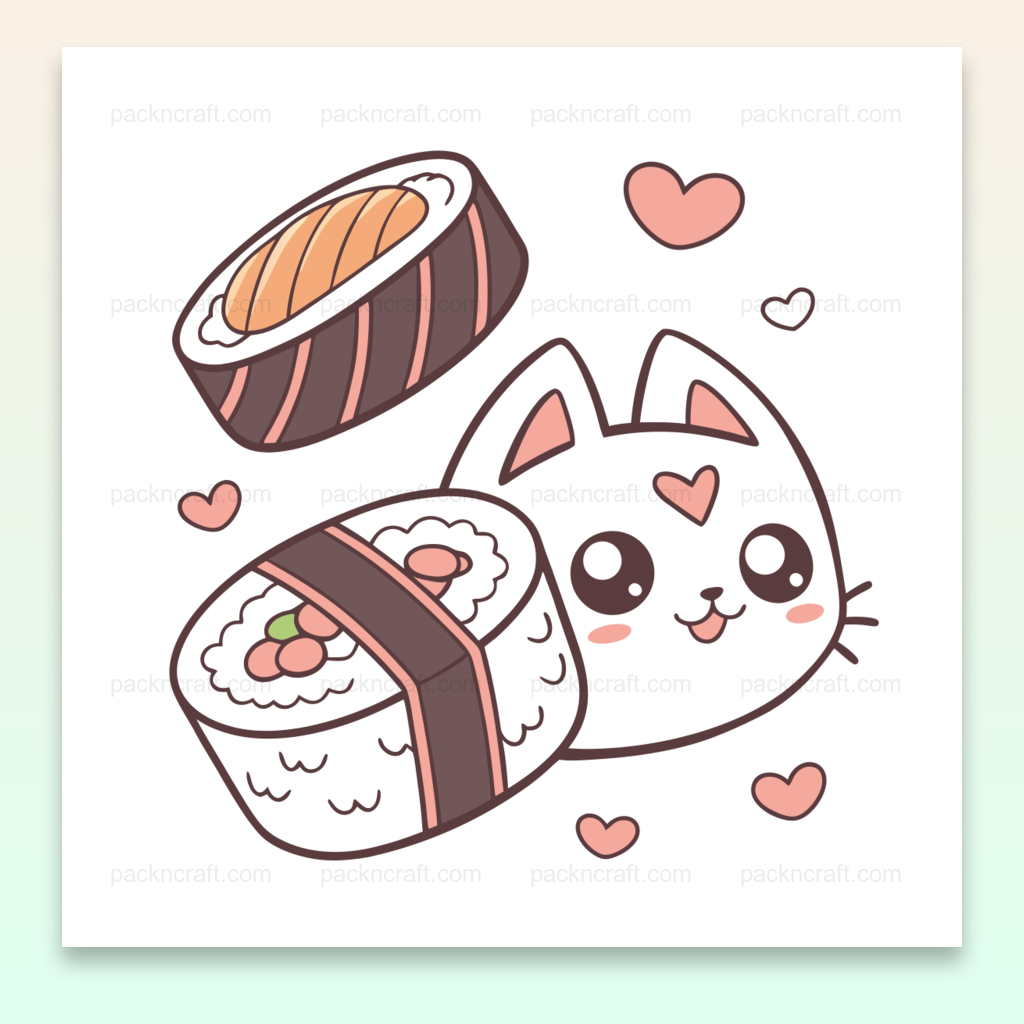 Illustration kawaii d'un chat sushi avec des cœurs, pour projets DIY et déco.