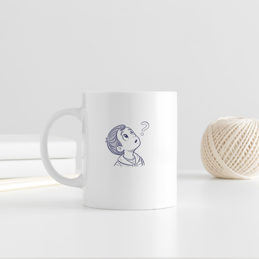 Mug éducatif avec dessin d'un garçon curieux dans un style numérique épuré