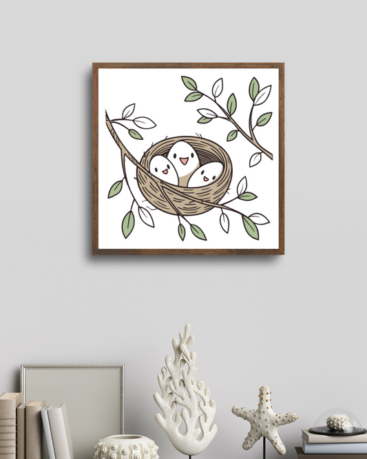 Cadre orné d'une icône joyeuse avec des oisillons doux nichés